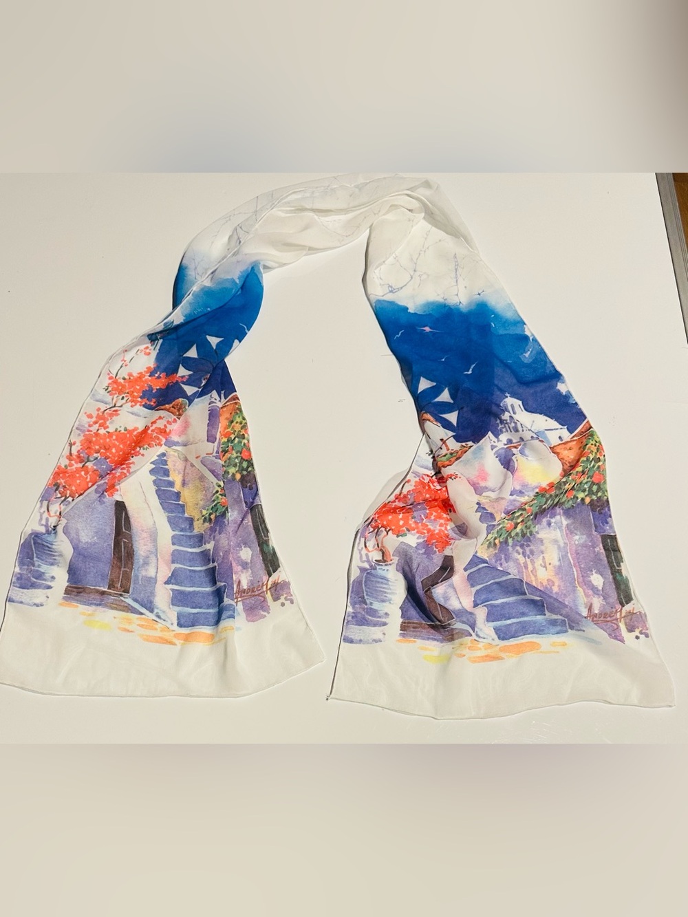 Ifasma Chiffon Scarf Made In Greece with Design of Santorini Rectangle 57”x12”